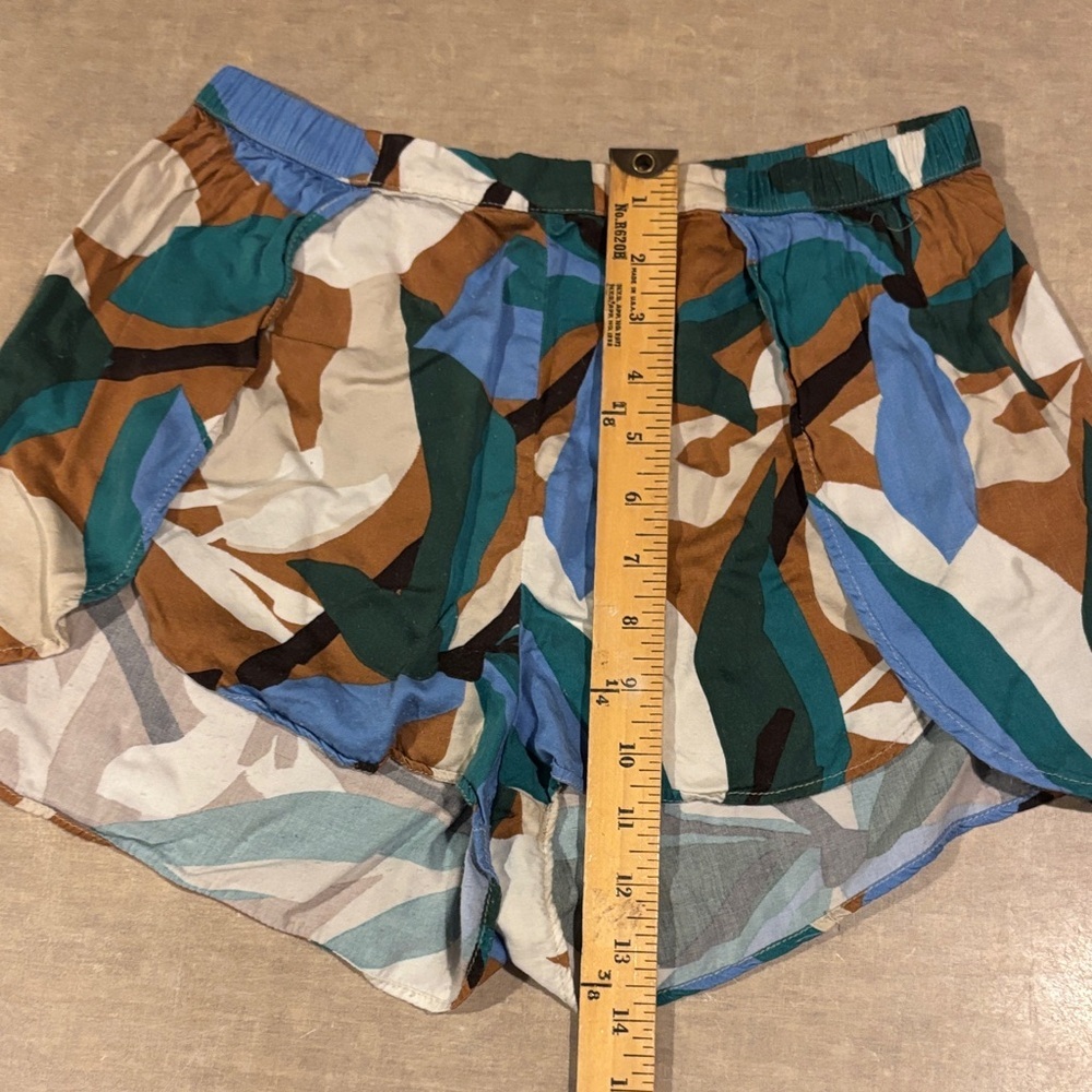 Multicolor Leaf-Print Athletic Shorts — Blue, Green & Brown -213sku - Picture 5 of 7